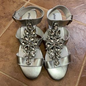 Jeffrey Campbell  silver strappy sandals with lucite heels and rhinestones 10